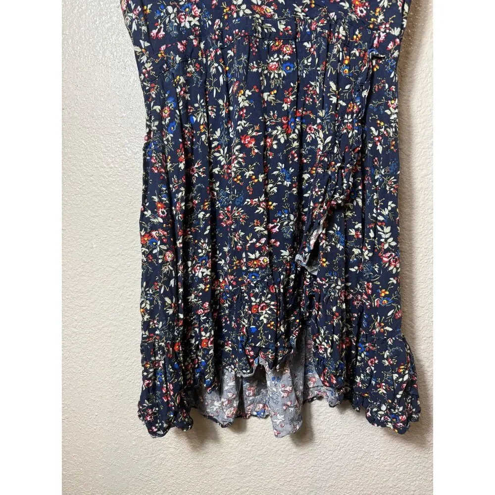 J.Crew Floral Faux Wrap Mini Dress Navy Blue V-Neck Ruffle Hem Size 12